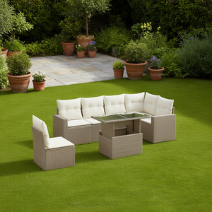 Conjunto de Sofá de Jardín de Ratán Beige con Estructura de Acero y Vidrio Templado, Muebles de Exterior para 6 Personas, Diseño Contemporáneo - Product Image 2