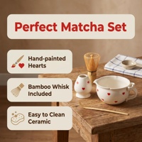 Ensemble de bols à matcha personnalisés en céramique vernissée de 500 ml avec motif cœur rouge et poignée, kit de cérémonie du thé à domicile, en stock, personnalisable