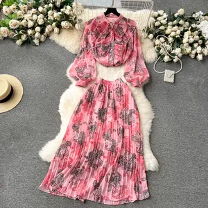 Set pakaian retro wanita, rok panjang sedang lipit sifon dua potong, set pakaian musim panas warna merah muda kustom