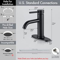 Robinet de lavabo en acier inoxydable noir mat, monocommande, avec plaque de fixation monotrou et siphon de vidange à bouton-poussoir