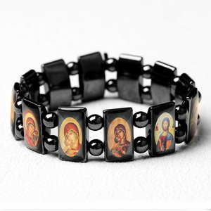 Orthodox Christian Black Plastic Zinc Alloy <b>Stretch</b> Beaded Virgin Mary Jesus Image Rectangle Tile Prayer Vintage Unisex <b>Bracelet</b> - Product Image 1