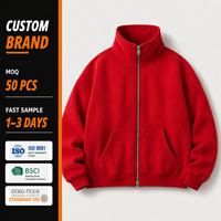 Sudadera 600 GSM Oversize Fleece Merah Berkerudung Dengan Ritsleting Ekstra Tebal Pakaian Berat Unicolor Flanel Sudaferas High Quality Sudaderas