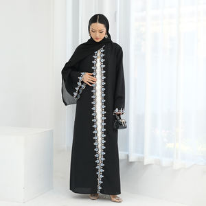 Abito Musulmano da Donna alla Moda con Ricamo Floreale, <span class=keywords><strong>Abaya</strong></span> Nero <span class=keywords><strong>Arabo</strong></span> a Maniche Lunghe per l'Eid, <span class=keywords><strong>Abaya</strong></span> Modesto da Dubai, <span class=keywords><strong>Abaya</strong></span> Aperto Musulmano di Tendenza - Product Image 3