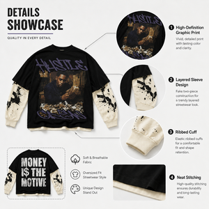 Maglietta a Maniche Lunghe da <span class=keywords><strong>Uomo</strong></span> con Design a Strati, Oversize, Stile Hip Hop, Stampa Grafica, Produzione OEM Personalizzata all'Ingrosso - Product Image 3