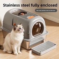 Bac à litière pour chat en acier inoxydable entièrement ouvert ou semi-fermé, anti-éclaboussures, fournitures pour animaux de compagnie en gros de Chine