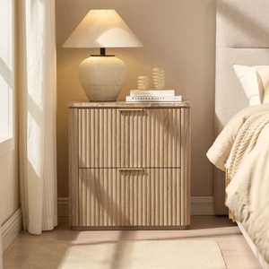 Mesita de Noche Premium de <span class=keywords><strong>Roble</strong></span> Acanalado, Mesita de Noche con 2 Cajones y Esquinas Redondeadas, Mesita Auxiliar Moderna de Lujo para Dormitorio Principal - Product Image 1