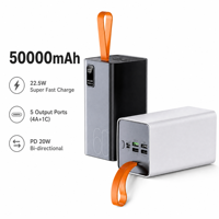 Batterie externe portable 50000mAh 22.5W PD à charge rapide bidirectionnelle avec affichage numérique LED et dragonne pour téléphone portable