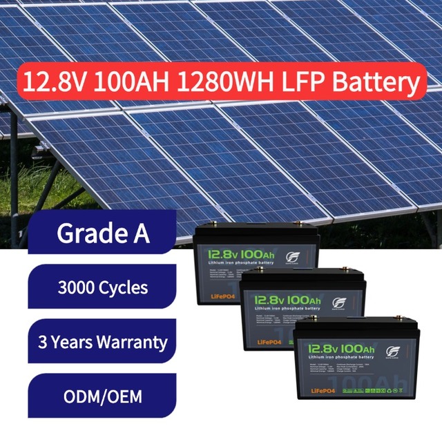 12V 12.8V 100Ah 1280Wh 3000-Cycle LiFePO4 Deep Cycle Battery Pack FT12100 -20~60 for Solar Energy RV Camping