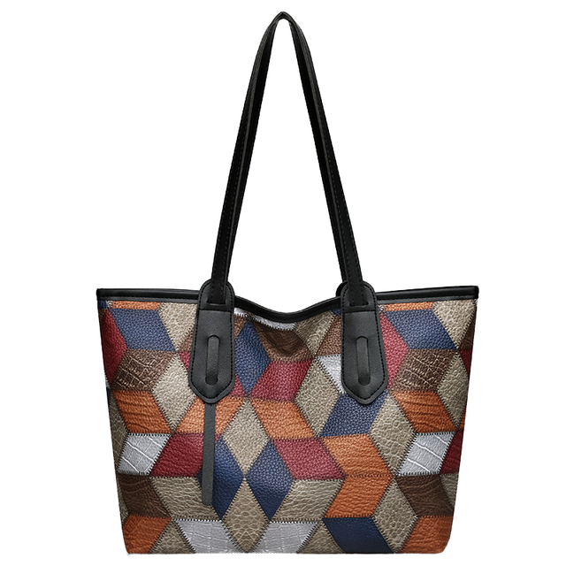 Vintage Geometric Patchwork PU Leather Tote Bag, Women's Fashion Colorful Stitching Shoulder Purse