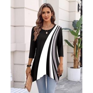 FOXA Women's 3/4 Sleeve <b>Asymmetrical</b> <b>Hem</b> Tunic Shirt Plus Size Loose Blouse Crew Neck Spliced Design Long <b>Top</b> for Casual Wear - Product Image 2