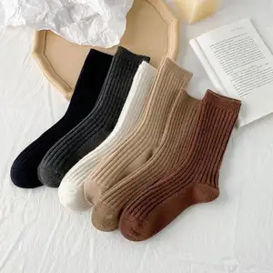 Winter warm soft plain color rib crew cozy cashmere socks knitted wool ladies cashmere socks for yiwu