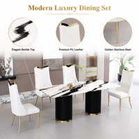 Table à manger moderne de luxe en marbre, ensemble de 6 chaises en cuir PU, pieds en acier inoxydable doré et piédestal cannelé pour salle à manger