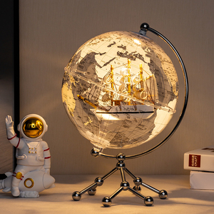 Transparent <b>Globe</b> Ornament with LED <b>Light</b> Sailing Ship Metal Stand Home Office Desk Decor - Product Image 1