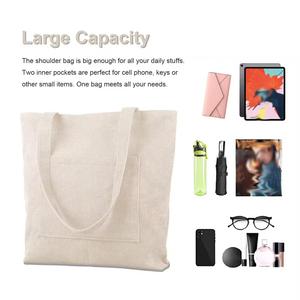 Large Capacity Striped Letter Pattern Canvas Cotton Shoulder Tote <b>Bag</b> with Pocket Custom Reusable Eco Long Handle Customizable - Product Image 2