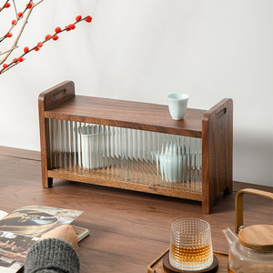 <b>Walnut</b> Wood Desktop Storage <b>Cabinet</b> 40x14x22cm Japanese Style Tea Set Organizer Living Room <b>Cabinet</b> - Product Image 1