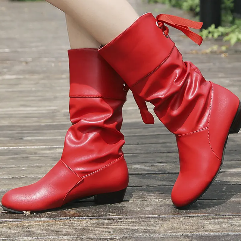 Women Knee-High Boots Back Lace Up Low Heels Winter Shoes Black Boot White Female Snow Boot Red