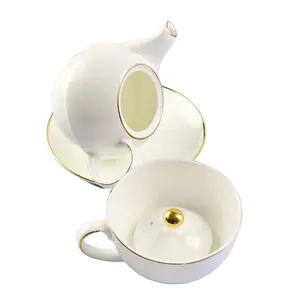Toptan özel beyaz vücut altın jant bir kişi çay seti plaka çay bardağı pot ile bir