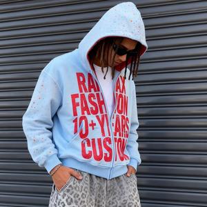 Sudadera con capucha vintage para hombre, 100% algodón, 450 GSM, de alto gramaje, con efecto desgastado, lavado ácido, apliques de perlas y estampado, con cremallera. - Product Image 2