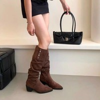 Bottes hautes souples pour femmes, à bout pointu, talon carré, en daim, avec œillets et clous, style western, 3 couleurs.