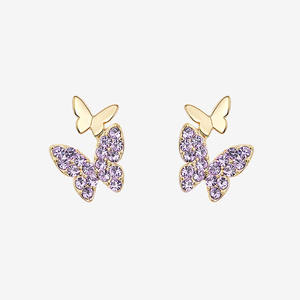 Gold Plated <b>Butterfly</b> Stud Earrings With Pink Crystal Rhinestones For Women Cute Everyday Wear Jewelry Zinc Alloy Bezel Setting - Product Image 4