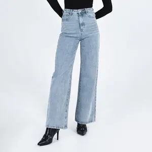 Grosir celana panjang Jeans wanita celana kaki lebar Denim lurus longgar pinggang tinggi kebesaran