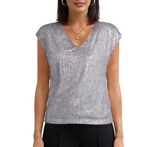 Women's Sequin V-Neck Cap Sleeve Blouse - Sparkly Party <b>Top</b> Womens Clothes Shirt Fashion - Product Image 4
