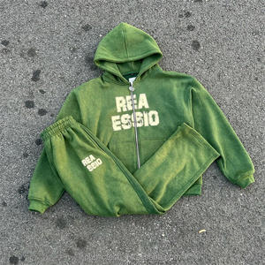 Streetwear Acid Washed Survêtement à fermeture éclair Hoodies Survêtement Ensemble Acid Wash Distressed Logo Pantalon de survêtement évasé et Sweat à capuche - Product Image 2