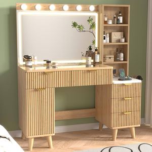Table de toilette en bois de couleur bois naturel de style moderne, encastrée dans la chambre, avec plateau en verre - Product Image 1