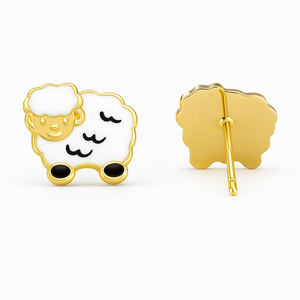 Boucles d'oreilles en émail mouton animal mignon or jaune 14 carats bijoux fins pour enfants filles cadeau de tous les jours - Product Image 2