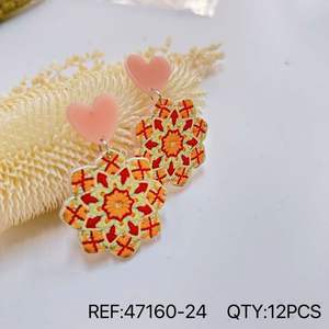 Boucles d'oreilles en forme de cœur, design floral rouge orange, résine acrylique, bijoux à la mode pour femmes, 12 pièces - Product Image 1