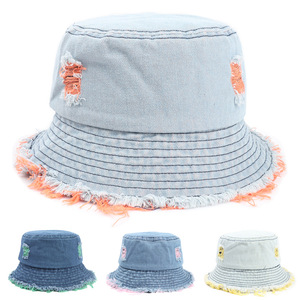 Custom <strong>Funky</strong> Wide Distressed Brim Blue Jean <strong>Bucket</strong> <strong>Hat</strong> Women's Cotton Denim Fisherman <strong>Hat</strong> for Hip Hop Style Casual Party Travel - Product Image 3
