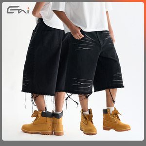 Personnalisé 100% Coton Garçons Recadrée Jorts Lâche Jambe Droite <span class=keywords><strong>Noir</strong></span> Soleil Délavé Lavé Bord Brut Denim Shorts Baggy Streetwear Été - Product Image 3