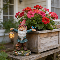 Statue de gnome de jardin extérieur avec lanterne solaire, figurine de nain en résine imperméable avec oiseaux pour décorations de patio, de cour et de pelouse