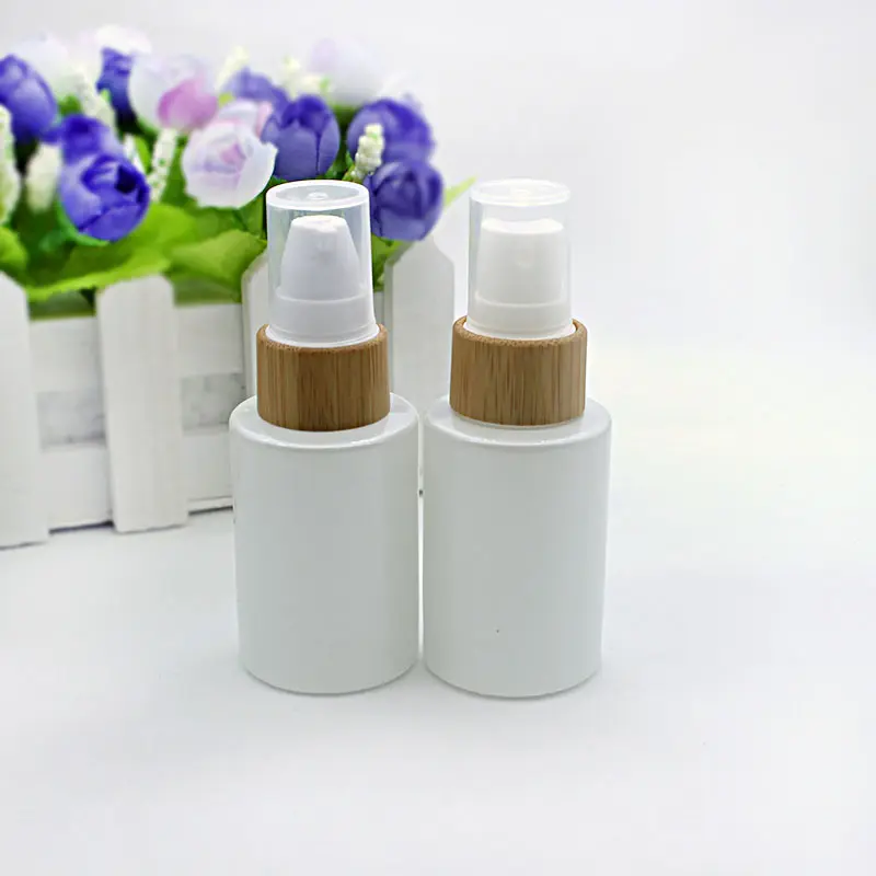 30ml pearl white glass emulsion essential oil bottle perfume spray pump lid cosmetic packaging container eco-friendly bamboo cap
