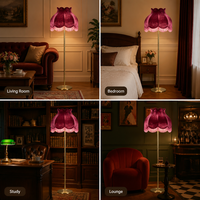 Lampadaire victorien en velours E26, rouge bordeaux, avec abat-jour à franges festonnées en forme de pétales, en laiton, pour salon, chambre et bureau