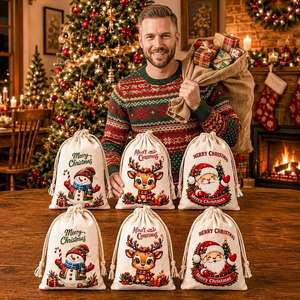 Sac cadeau de Noël en coton à cordon, imprimé Père Noël, bonhomme de neige et rennes, pour fêtes et dessins animés - Product Image 4