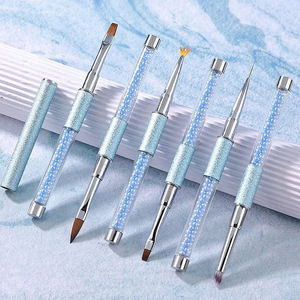 Kit de 16 pinceaux professionnels pour nail art avec manche en strass bleu, pour gel, liner et manucure en salon - Product Image 1