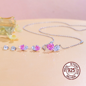 S925 gioielli in <span class=keywords><strong>argento</strong></span> Sterling trasparente zircone rosa bella collana orecchino a goccia con cuore per donna regalo di nozze - Product Image 2