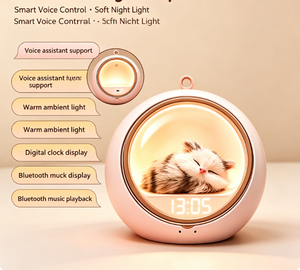 Réveil mignon en forme de chat avec veilleuse et haut-parleur, design rond rose pour enfants et adultes - Product Image 3