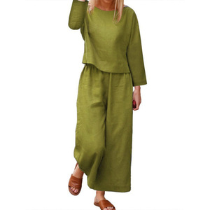 Women's Long-Sleeve Crew Neck Top & Wide-Leg Pants Solid Color Casual 2-Piece <b>Set</b> Fashion - Product Image 4