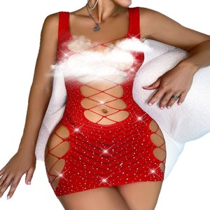 Gaun Mini Bodycon Jaring Berhias Berlian Imitasi Wanita, Pakaian Klub Malam dengan Potongan Silang - Product Image 5