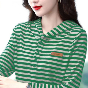 Striped Hooded Long Sleeve Shirt Women Knitted Breathable Autumn Plus Size Base Layer Top Half Button Outfit - Product Image 3