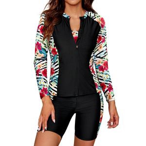 Women's 3-Piece Tropical Print <b>Swimsuit</b> Set Zip Front <b>Long</b> <b>Sleeve</b> Rashguard Jacket Sports Bra Shorts Rash Guard - Product Image 1
