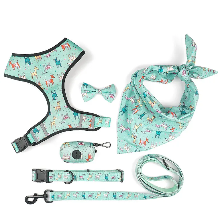 Factory Wholesale Cute Printed Harness Leash Collar 6 pcs set Adjustable Pet Luxury Dog Harness Set