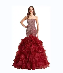 Custom Sexy Modest Women Prom Red Evening Dress Tube Sleeveless Bodycon Sequin Straight Folding Lace Cake-dress Maxi Dresses