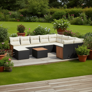 Ensemble de canapés de patio en polyrotin noir avec coussins, 11 pièces, mobilier de jardin extérieur, design contemporain, accents en bois de teck - Product Image 2