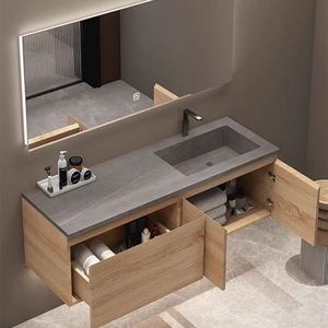 Meubles de salle de bain en SPC imitation bois avec armoire, armoire en bois PVC, quartz, meuble flottant en chêne blanc, salle de bain - Product Image 2