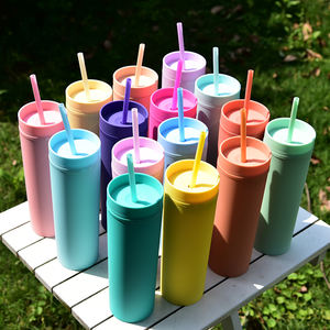 Gobelet en plastique acrylique mat à double paroi de 16oz avec paille et couvercle, tasse écologique - Product Image 6