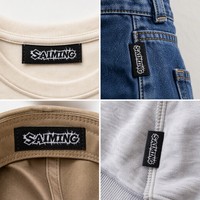 Étiquettes tissées pliées sur mesure en gros à faible MOQ, style SAIMING, étiquette de marque pliable pour vêtements, t-shirts, jeans, sacs