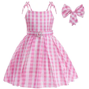 Wholesale Kids Pink Plaid Cos Costume Real Life Film Dress Cosplay Performance Costume Girl Dress